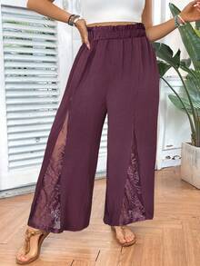 SHEIN VCAY Plus Size Casual Solid Color Lace Patchwork Pants - Dusty Pink - View 5