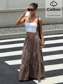 Muchica Falda larga plisada a cuadros marrón para mujer - Adecuada para uso casual diario, atuendos de vacaciones, estilo Y2K, looks de vuelta a la escuela y atuendos para conciertos. - Multicolor - Ver 6