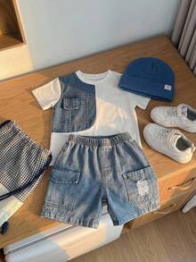 SHEIN Little Byeori 儿童牛仔拼接圆领T恤和牛仔裤两件套，休闲日常穿着，适合通勤、上学、日常休闲、运动、春夏穿着。 - 白色 - 查看 3