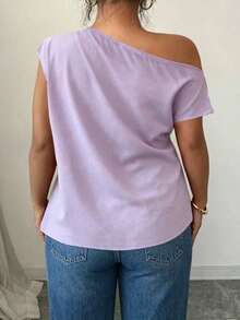 Elenzga Spring Summer Autumn Short Sleeve Asymmetric Shoulder Simple Comfortable Pleated Design Black Plus Size Shirt - Purple - View 2