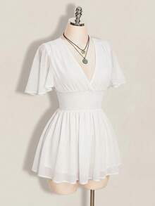 SHEIN ICON 女款夏季黑色極簡純色V領荷葉袖收腰迷你洋裝 - 白色 - 查看 5