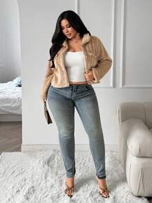 SHEIN SXY Khaki Fur Trim Metal Buckle Decor Short Slim Fit Jacket Winter - Khaki - View 7