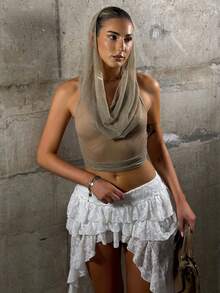 hollyjadebate Sexy Shiny Mesh Cami Top, Streetwear Style Y2k Casual Summer - Khaki - View 3