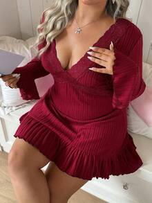 Slumberry CURVE Sweet Romantic Hollow Lace Cross Patchwork Comfortable Brushed Thick Ribbed Knit Slim Fit Flattering Ruffle Hem Plus Size Nightgown - Burgundy - View 4