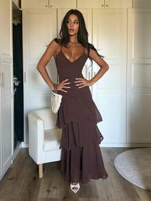 Ronhire Elegant Banquet/Date Layered Hem Spaghetti Strap Dress,Summer Dresses For Women - Brown - View 6
