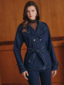 Anewsta Autumn Fashion Belted Denim Jacket - Blue - View 8