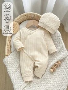 SHEIN 新生兒杏色柔軟舒適棉質羅紋布斜領長袖連身衣 + 帽子套裝 - 杏色 - 查看 1