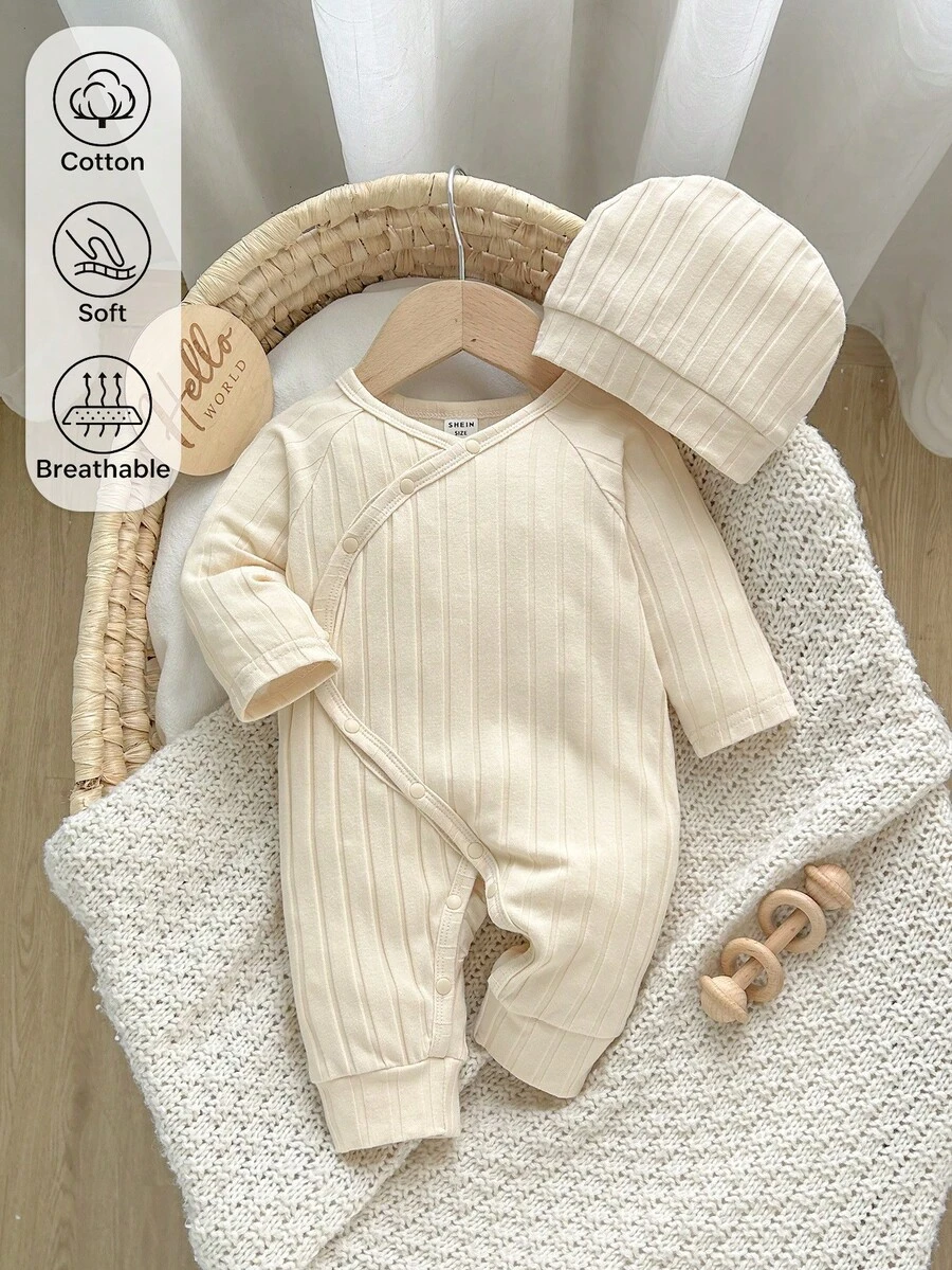 SHEIN 新生兒杏色柔軟舒適棉質羅紋布斜領長袖連身衣 + 帽子套裝 - 杏色 - 查看 1