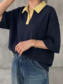 Livesso 對比色拼接寬鬆條紋 Polo 領中袖休閒夏季大尺碼女款 T 恤 - 藏蓝色 - 查看 6