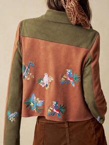 Bohemela Women's Autumn Casual Boho Vintage Colorblock Patchwork Floral Bird Embroidery Jacket Everyday Going Out Brown - Brown - View 2