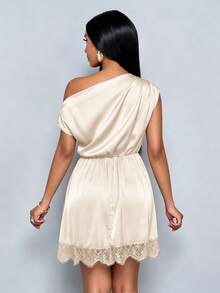 SOLERSUN Elegante e alla moda, abito mini da festa in raso con scollo obliquo, coulisse, patchwork in pizzo e orlo irregolare - Albicocca - Visualizzare 5