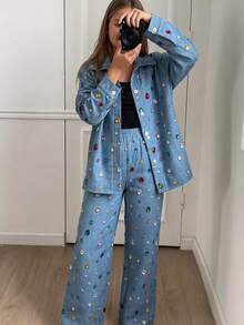 SHEIN 女童休閒藍色寶石印花三件套，領口襯衫搭配彩色寶石印花與單排鈕扣開襟，配對寬腿長褲 - 彩色 - 查看 4