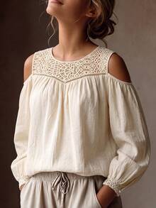 SHEIN Women's Open Shoulder Casual Apricot Long Sleeve Blouse - Apricot - View 3