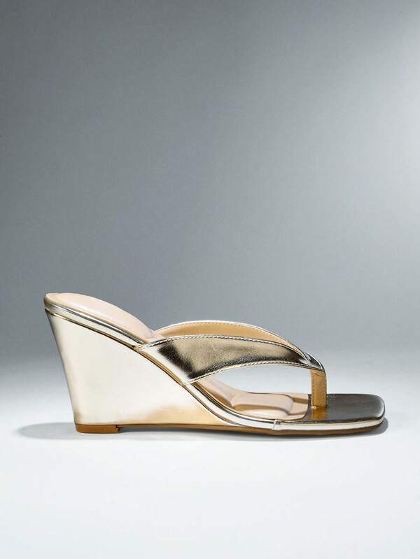 SHUZIA Women's Square Toe Thong Straps Slide Wedge Sandals