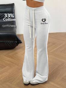 Betty Boop x SHEIN SHEIN EZwear 女款休閒極簡抽繩喇叭運動長褲，Betty聯名印花圖案，適合外出與返校穿著 - 灰色 - 查看 1
