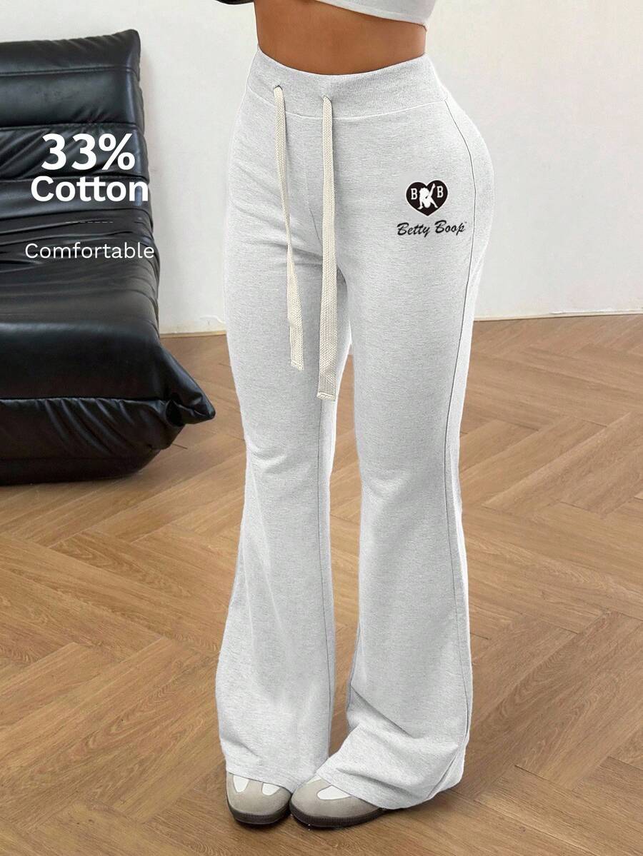 Betty Boop x SHEIN SHEIN EZwear 女款休閒極簡抽繩喇叭運動長褲,Betty聯名印花圖案,適合外出與返校穿著 - 灰色 - 查看 1