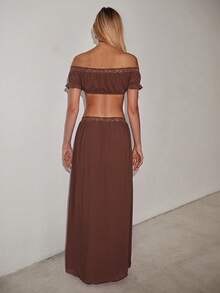 SHEIN ICON Women's Solid Color Shoulder Top And Pleated Skirt Fashion Two Pieces Set - Brown - View 2