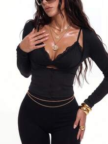 Nuvra Long-Sleeve Cardigan Two Pieces Set,Elegant Women's Blouses ,Black Top - Black - View 1