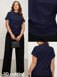 Comfylo Top de talla grande con corte 3D plisado y ajuste ceñido - Azul Marino - Ver 1