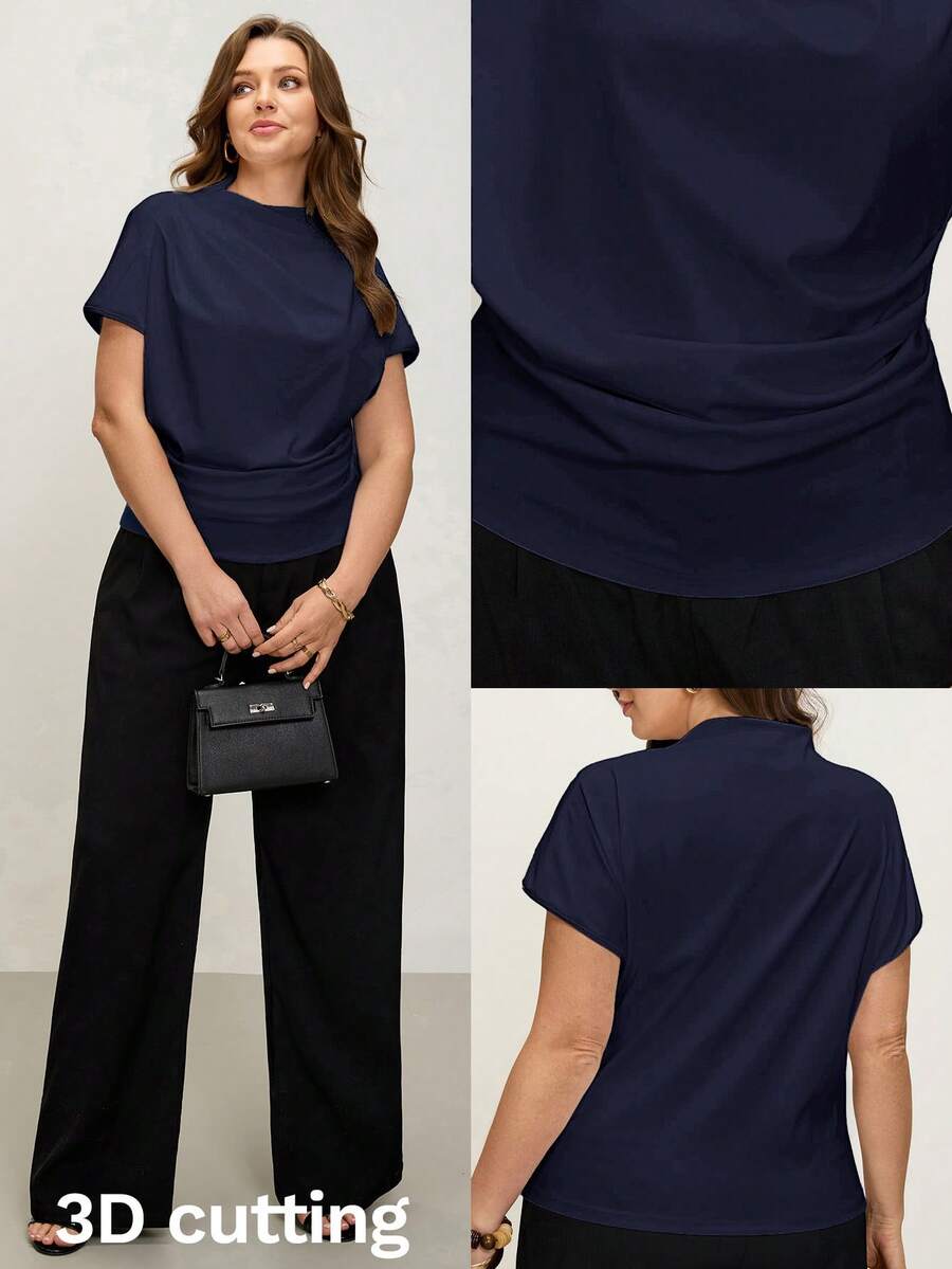 Comfylo Top de talla grande con corte 3D plisado y ajuste ceñido - Azul Marino - Ver 1