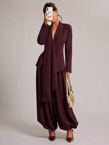 SHEIN BAE بليزر نسائي بلون موحد كاجوال متعدد الاستخدامات للارتداء اليومي، بنطال فانوس، ملابس ضيفة الزفاف، مناسبات رسمية، كوكتيل - الأرجواني - مشاهدة 4