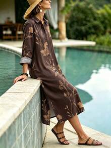Isle Nomé Women's Short Vacation Print Summer Dress - Coffee - View 3