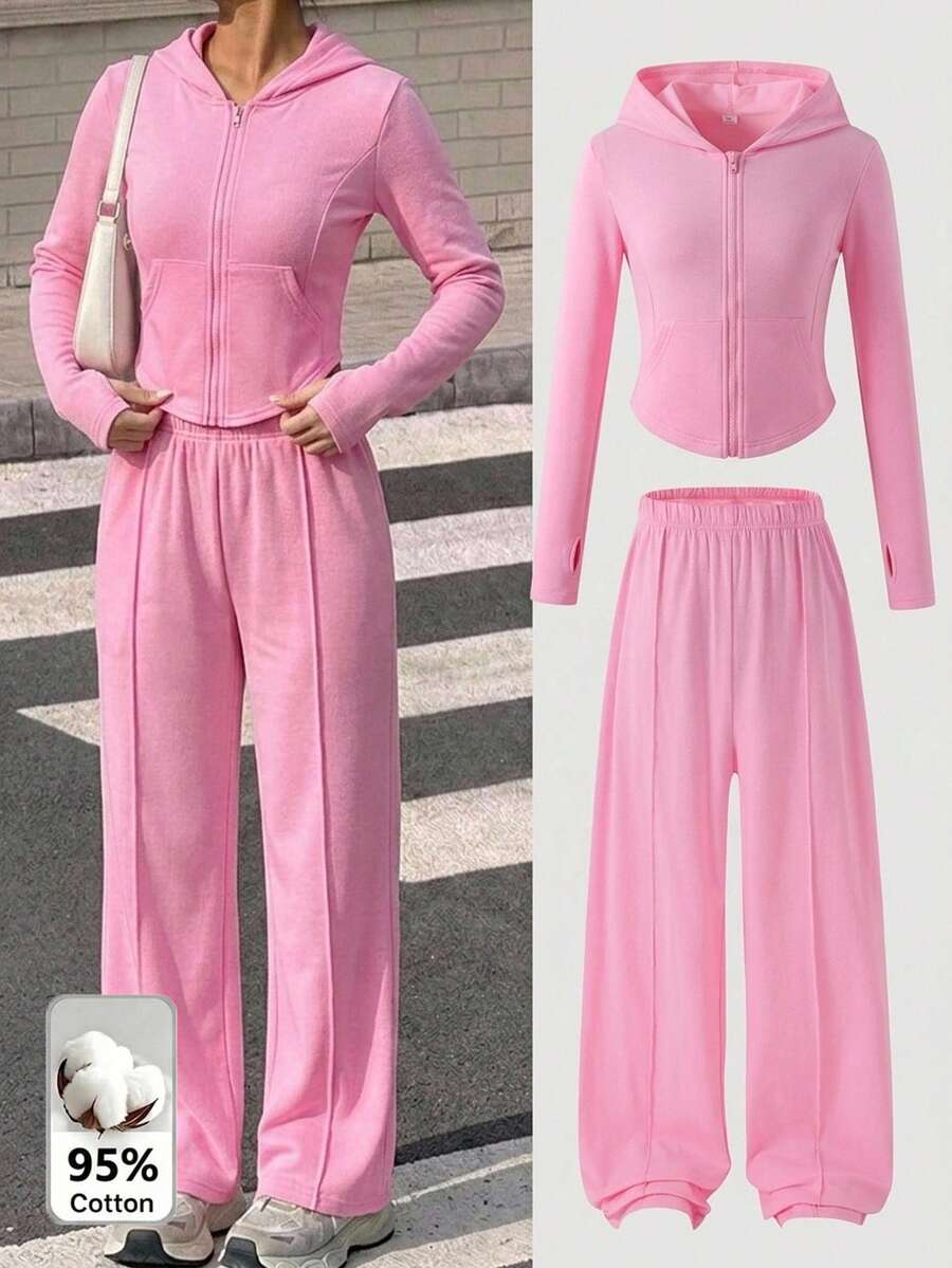 SHEIN Tween Girl Knit Solid Color Hooded Pocket Casual Top & Long Pants 2 Pieces Set - Multicolor - View 1