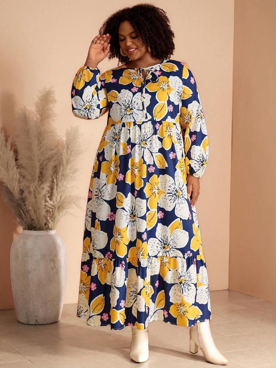 BrightlyHer Plus Size Floral Print Vacation Casual Dress - Multicolor - View 1