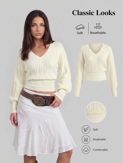 Sweetra Women's Solid Color V-Neck Dropped Shoulder Long Sleeve Cinched Waist Sweater