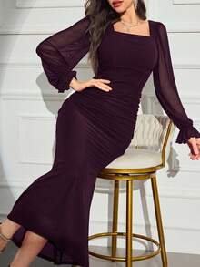 Modelyn 女款優雅純色網紗修身長洋裝，秋季長款晚禮服 - 中紫紅色 - 查看 5