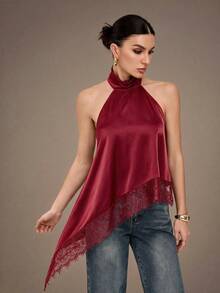 SHEIN Tall Elegant Lace Trim Backless Camisole Top, Sexy Satin Patchwork Sleeveless Blouse For Party, Cocktail, Formal Occasions, Christmas, Business Casual - Burgundy - View 6
