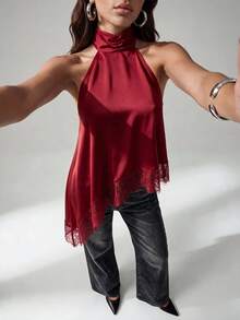 SHEIN Tall Elegant Lace Trim Backless Camisole Top, Sexy Satin Patchwork Sleeveless Blouse For Party, Cocktail, Formal Occasions, Christmas, Business Casual - Burgundy - View 9