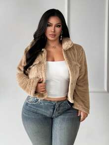 SHEIN SXY Khaki Fur Trim Metal Buckle Decor Short Slim Fit Jacket Winter - Khaki - View 1