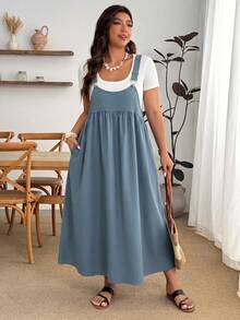 Enliva Plus Size Loose Black Strap Dress - Blue - View 4