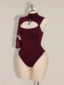 SHEIN ICON Women's Plus Size Hollow Out Solid Color Sexy Bodysuit Fall - Burgundy - View 5