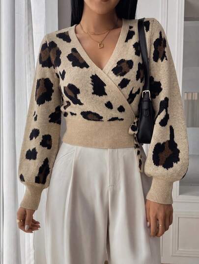 Balvessa Cardigan de damă la modă cu imprimeu leopard, mânecă lanternă și legare