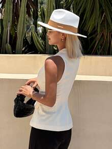 DAZY Solid Color V-Neck Elegant Casual Waist-Cinching Metal Buckle Summer Vacation Women's Vest Jacket Office Allover White - Apricot - View 2