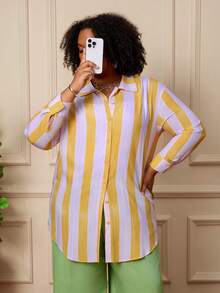 BrightlyHer Plus Size Women's Color Block Striped Lapel Collar Long Sleeve Button Front Loose Fit Shirt Casual Elegant Office Formal Brunch Fall Soft Yellow - Multicolor - View 7