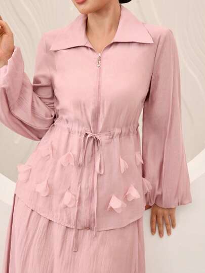 Graceveil Light Pink Top With Delicate 3D Floral Decoration And Zipper Design, Flared Skirt, 2 Pieces Arabic Outfit