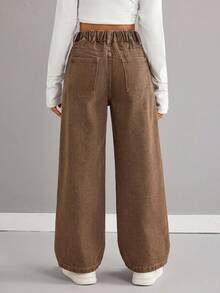 SHEIN Tween Gir LY2k 彩色愛心刺繡圖案棕色寬鬆寬腿牛仔褲，適合女童上學穿著 - 棕色 - 查看 2