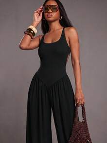 NYA SZN Jumpsuit Sleeveless Spaghetti Strap Fitted Cinch Drop Waist Balloon Pant Leg Loose Baggy Church Elegant Summer Fall Winter - Black - View 3