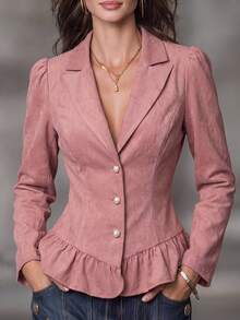 SHEIN Elenzya Women's Faux Pearl Decorated Ruffle Hem Long Sleeve Blazer - Pink - View 5