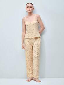 Softvol Women's Sleepwear Set,Yellow Heart Print Knitted Ribbed Contrast Lace Camisole And Long Pants, Cute Chic Summer Sleep Stylish Sweet Pajamas Set - Apricot - View 8
