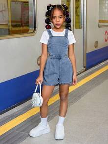 SHEIN 青少年女孩夏季海滩波西米亚风酷炫街头风格石洗连体裤，配有交叉背带和露背，青少年女孩夏季海滩波西米亚风度假服装返校街头装，女孩演唱会狂欢休闲装 - 中等水洗藍 - 查看 2
