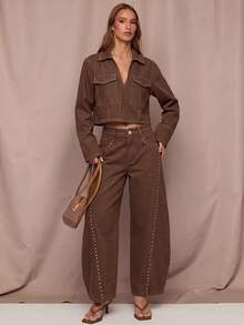 SHEIN BAE Women's Beaded Decor Curved Leg Jeans - Brown - View 2