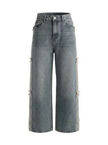 Dazy Plus Pantalones vaqueros de pierna ancha con lazo y parches de color, pantalones vaqueros casuales para mujer, para todas las estaciones - Azul lavado medio - Ver 2
