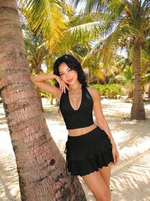Sweetina 女款純色掛脖上衣與迷你裙時尚度假兩件套，黑色夏季性感熱帶海灘度假風 - 黑色 - 查看 4