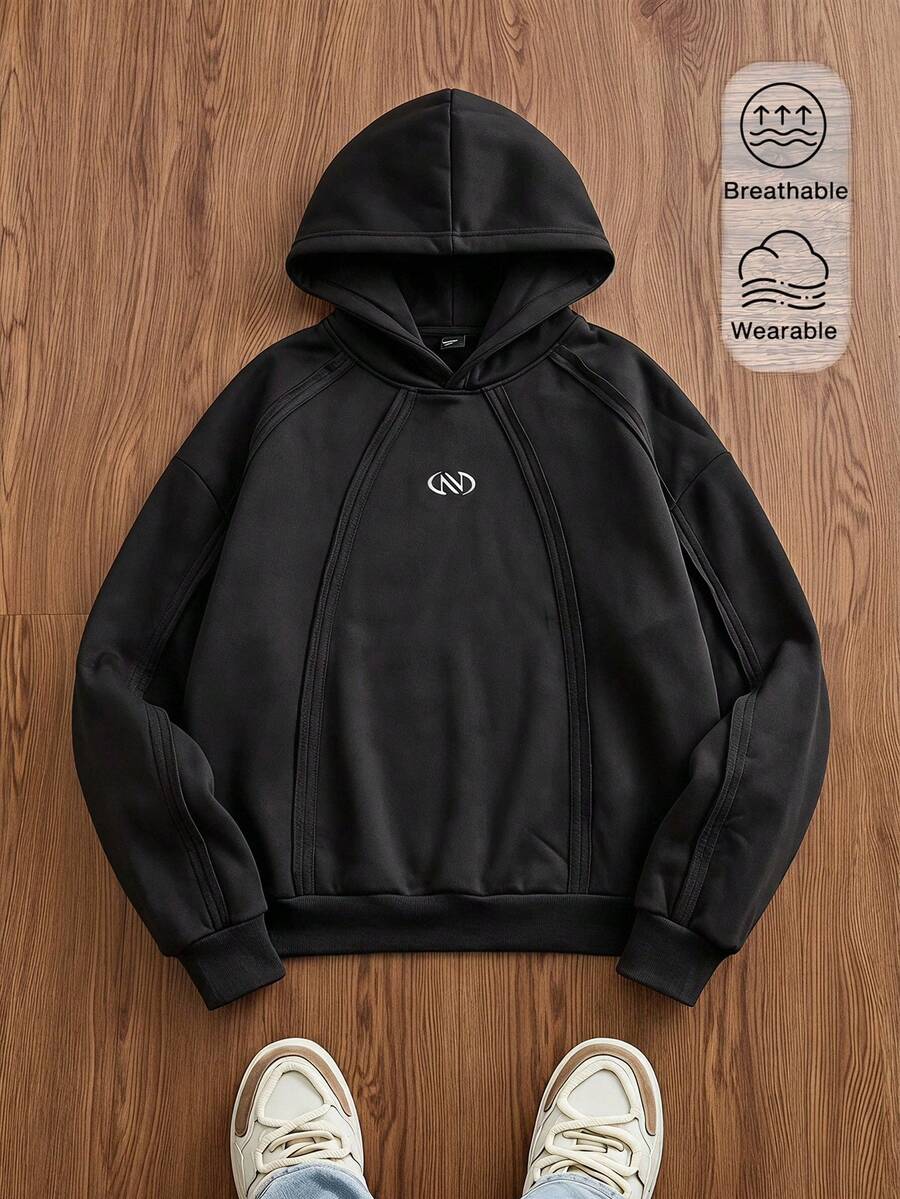 SWAVVY Men's Summer Casual Loose Fit Long Sleeve Hoodie Sweatshirt, Standard Size, Black With White Embroidered Asymmetrical Patchwork, Vintage Y2K Baggy Streetwear, For Holiday - Black - View 1