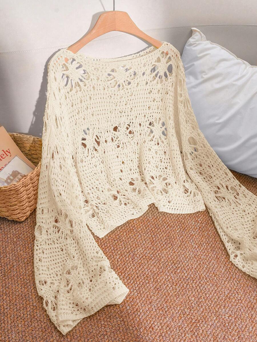 CosyJoli Plus Size Women Solid Color Hollow Out Loose Casual Pullover Sweater Fall