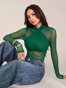 SHEIN PETITE 女款性感純色網紗包覆式連身衣，透視長袖 - 墨綠色 - 查看 6